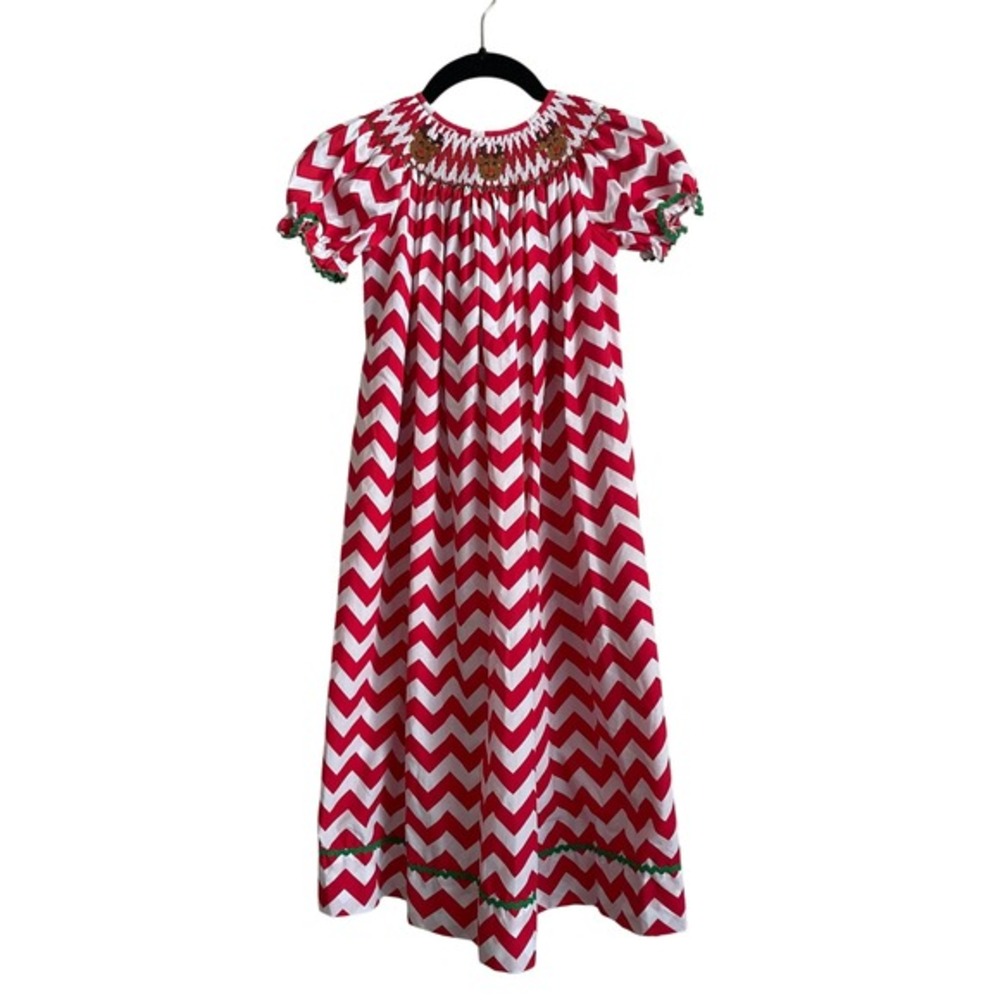 Lolly Wolly Doodle Girl's Christmas Dress Reindeer Smocked Holiday 6 Preppy Long